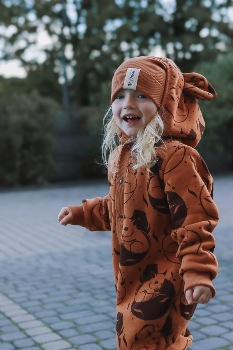 Cozy Cotton Eared Jumpsuit for Babies & Kids (Cinnamon Squirrel) - Tiny Tugz™