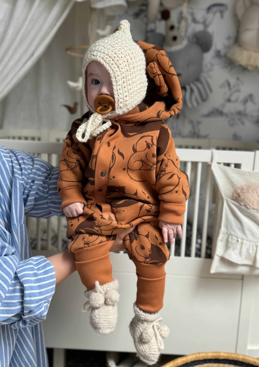 Cozy Cotton Eared Jumpsuit for Babies & Kids (Cinnamon Squirrel) - Tiny Tugz™