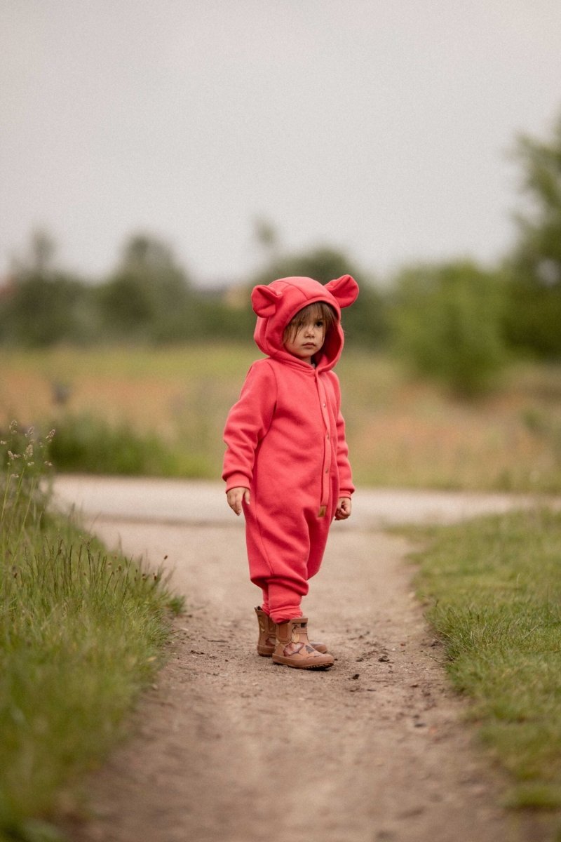 Cozy Cotton Eared Jumpsuit for Babies & Kids (Coral) - Tiny Tugz™