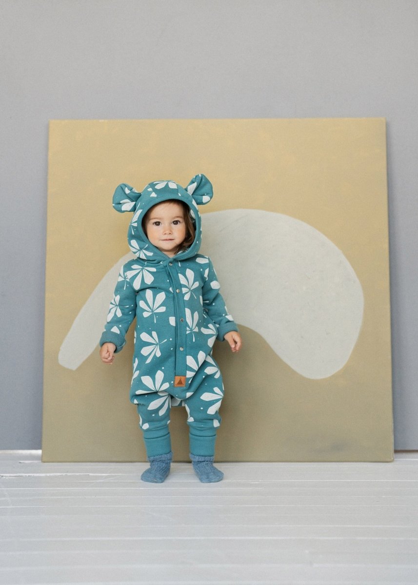 Cozy Cotton Eared Jumpsuit for Babies & Kids (Green Chestnut Leaves) - Tiny Tugz™