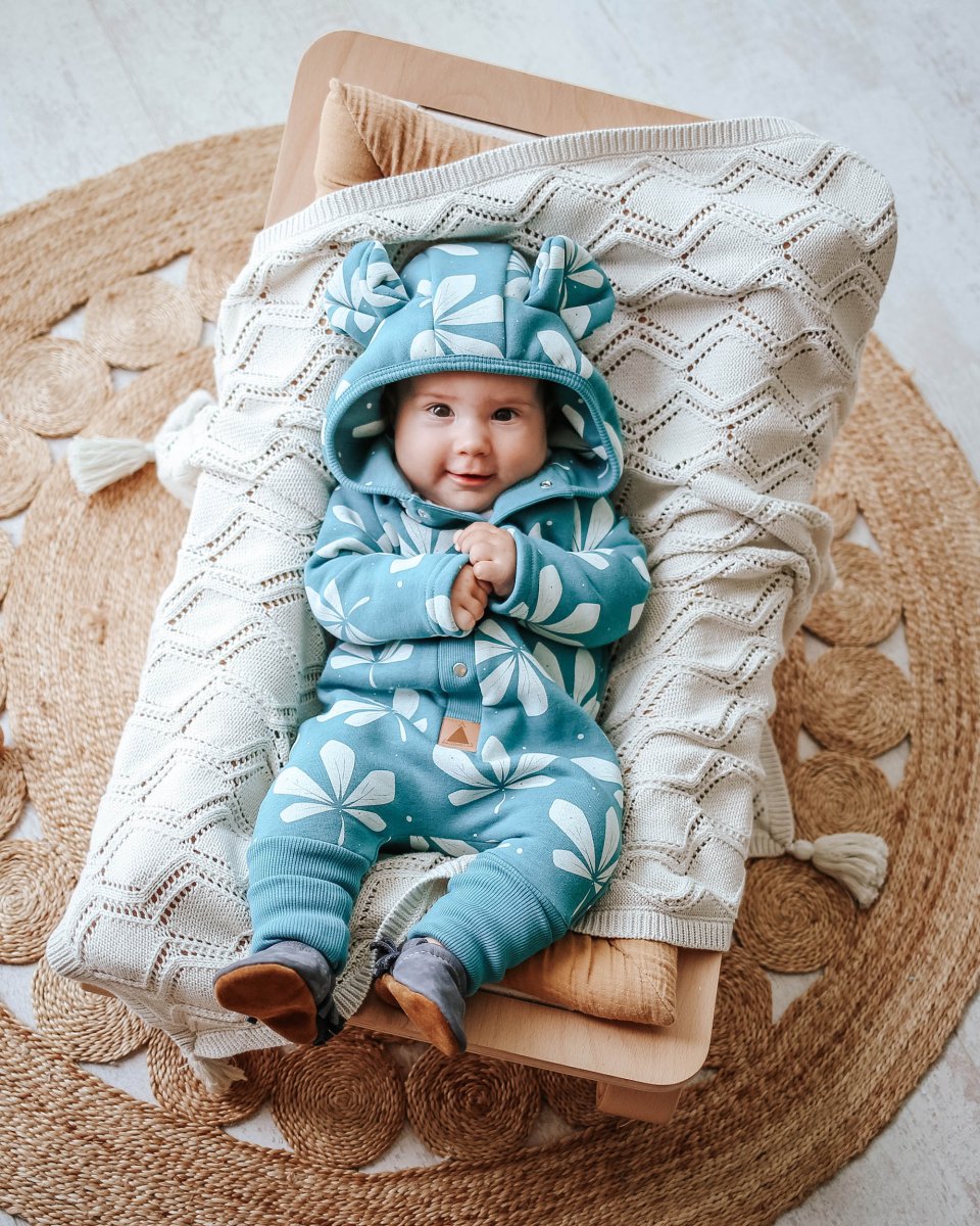 Cozy Cotton Eared Jumpsuit for Babies & Kids (Green Chestnut Leaves) - Tiny Tugz™