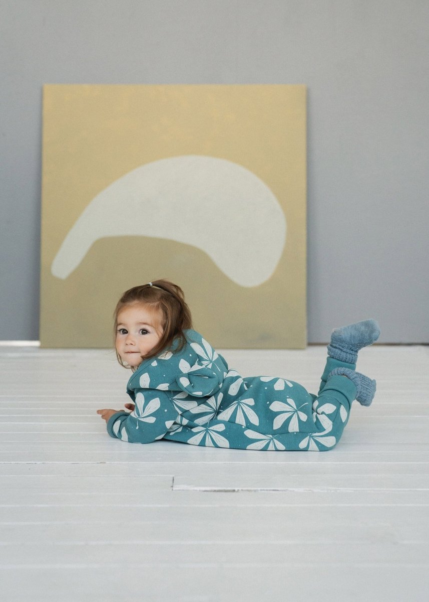Cozy Cotton Eared Jumpsuit for Babies & Kids (Green Chestnut Leaves) - Tiny Tugz™