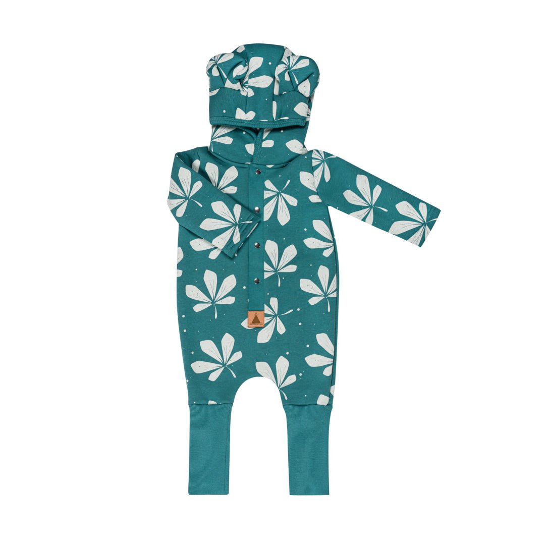 Cozy Cotton Eared Jumpsuit for Babies & Kids (Green Chestnut Leaves) - Tiny Tugz™
