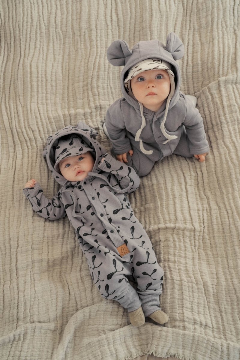 Cozy Cotton Eared Jumpsuit for Babies & Kids (Grey Maple Seeds) - Tiny Tugz™