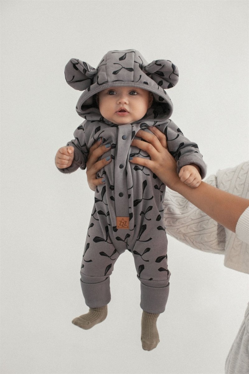 Cozy Cotton Eared Jumpsuit for Babies & Kids (Grey Maple Seeds) - Tiny Tugz™