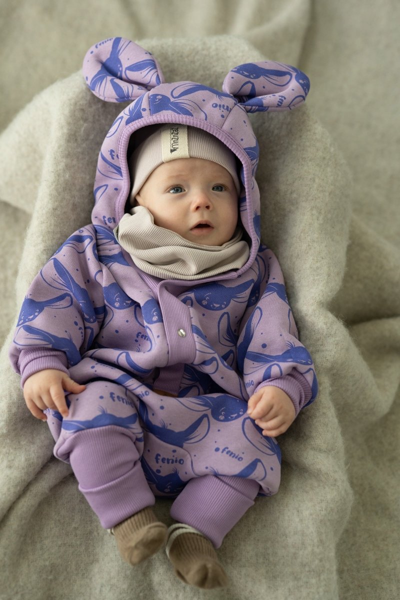 Cozy Cotton Eared Jumpsuit for Babies & Kids (Lilac Fenio) - Tiny Tugz™