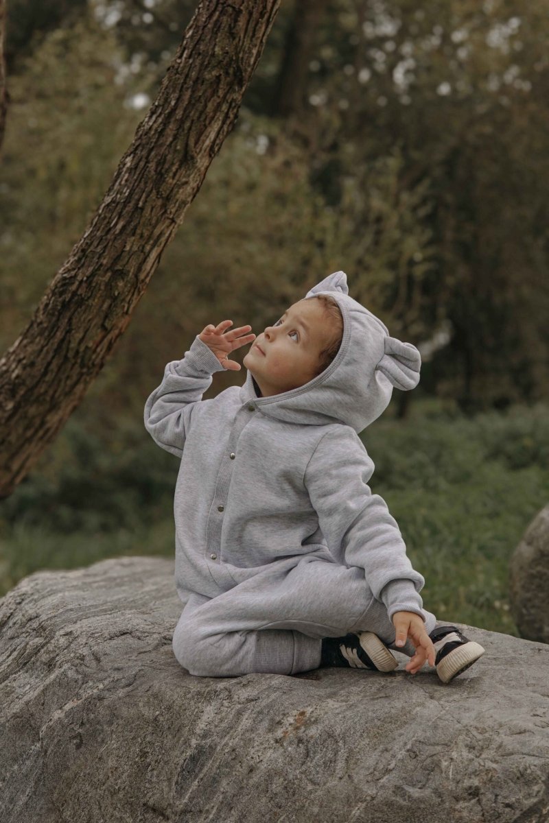 Cozy Cotton Eared Jumpsuit for Babies & Kids (Melange Grey) - Tiny Tugz™