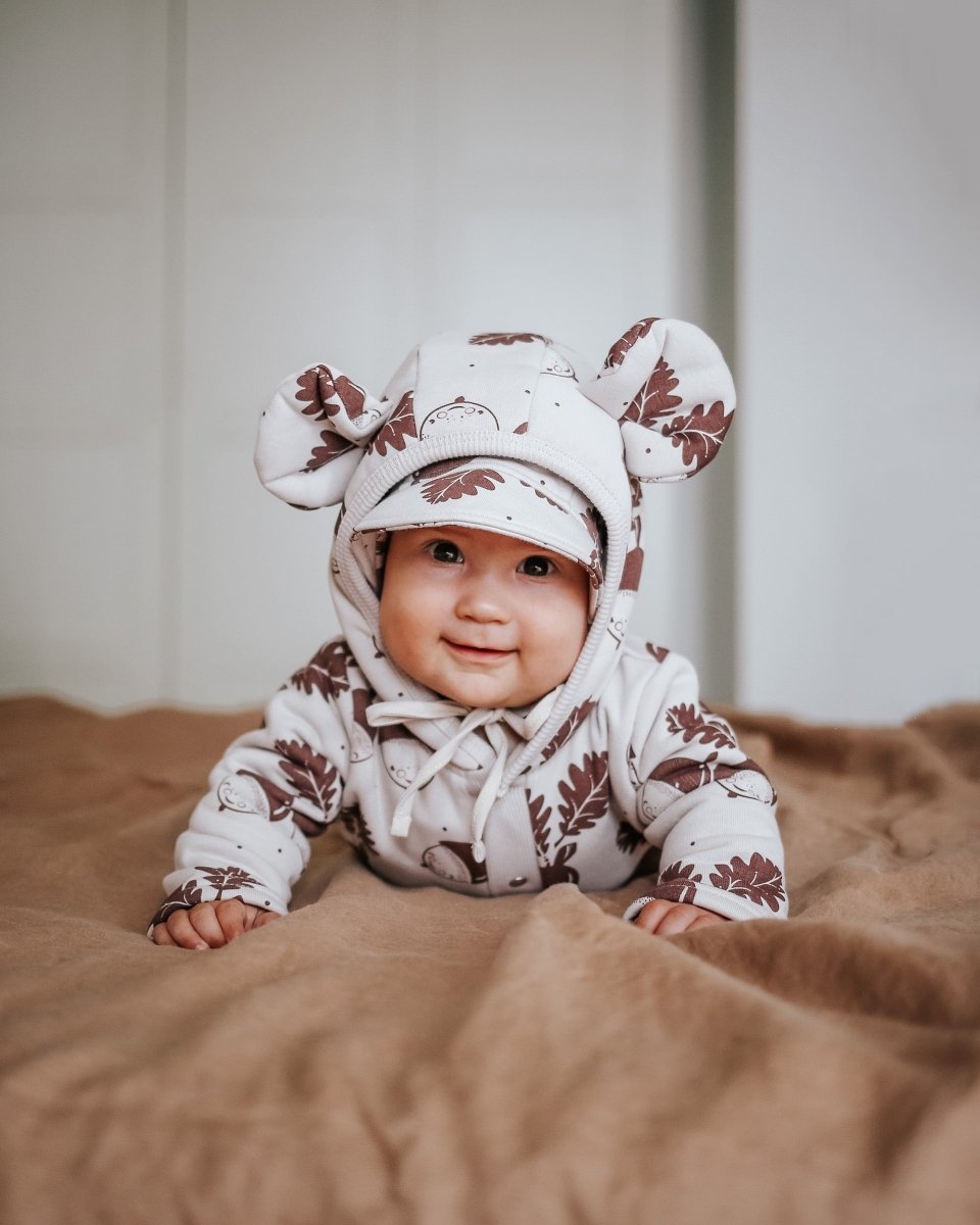 Cozy Cotton Eared Jumpsuit for Babies & Kids (Sand Acorns) - Tiny Tugz™