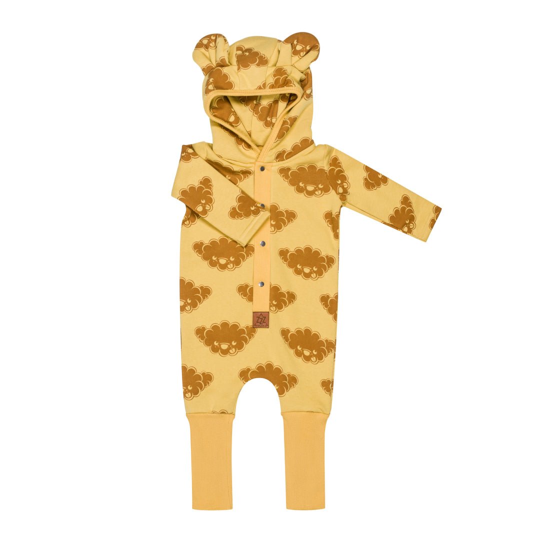 Cozy Cotton Eared Jumpsuit for Babies & Kids (Yellow Clouds) - Tiny Tugz™