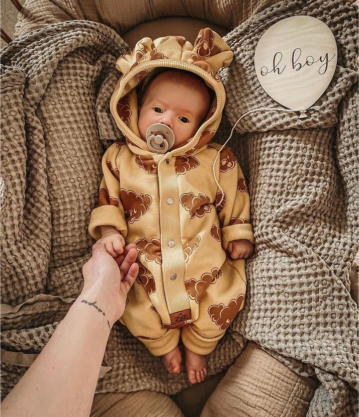 Cozy Cotton Eared Jumpsuit for Babies & Kids (Yellow Clouds) - Tiny Tugz™