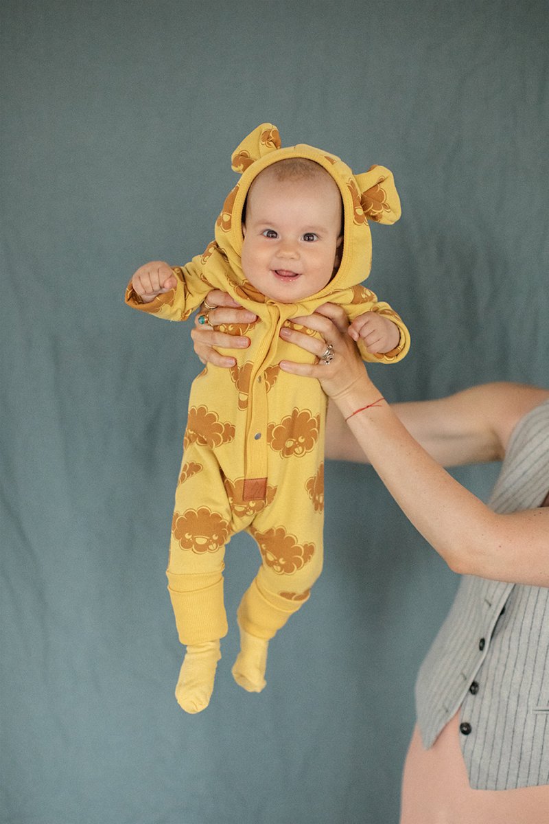 Cozy Cotton Eared Jumpsuit for Babies & Kids (Yellow Clouds) - Tiny Tugz™