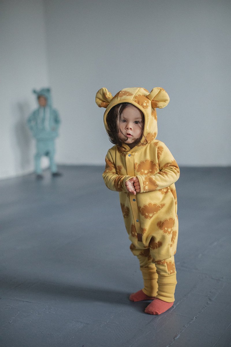 Cozy Cotton Eared Jumpsuit for Babies & Kids (Yellow Clouds) - Tiny Tugz™