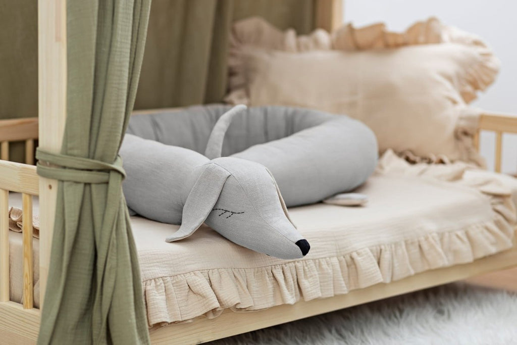 Dachshund Cuddle Pillow & Bed Wall Bumper - Linen & Cotton, 200 cm (Beige) - Tiny Tugz™