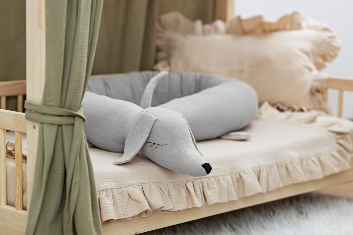 Dachshund Cuddle Pillow & Bed Wall Bumper - Linen & Cotton, 200 cm (Beige) - Tiny Tugz™