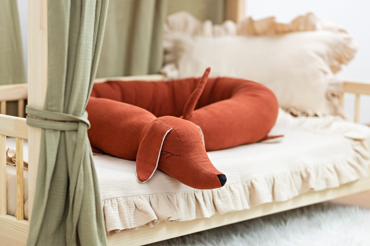 Dachshund Cuddle Pillow & Bed Wall Bumper - Linen & Cotton, 200 cm (Brick Red) - Tiny Tugz™