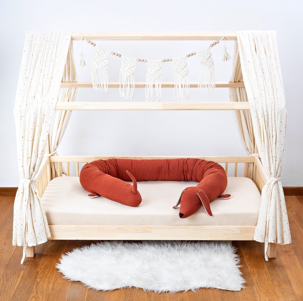 Dachshund Cuddle Pillow & Bed Wall Bumper - Linen & Cotton, 200 cm (Brick Red) - Tiny Tugz™