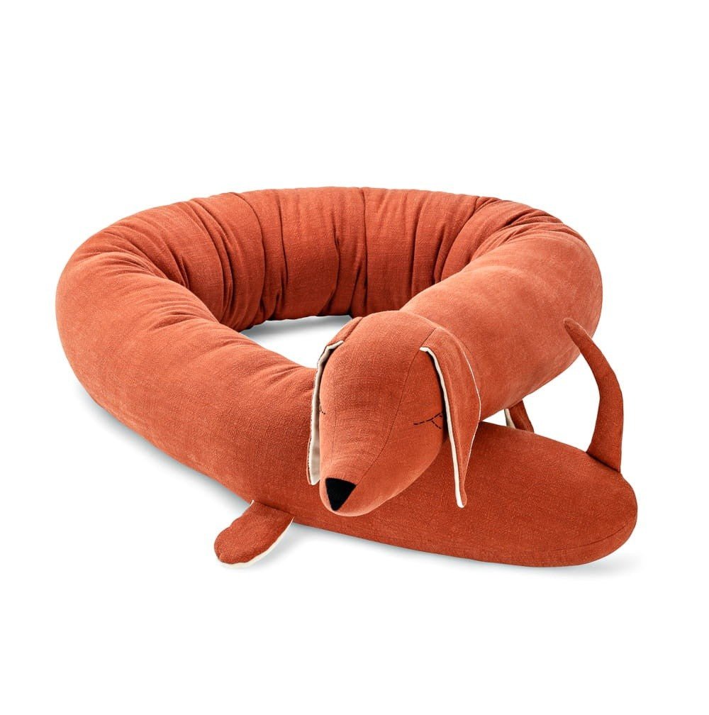 Dachshund Cuddle Pillow & Bed Wall Bumper - Linen & Cotton, 200 cm (Brick Red) - Tiny Tugz™