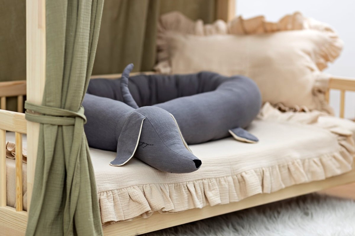 Dachshund Cuddle Pillow & Bed Wall Bumper - Linen & Cotton, 200 cm (Grey) - Tiny Tugz™
