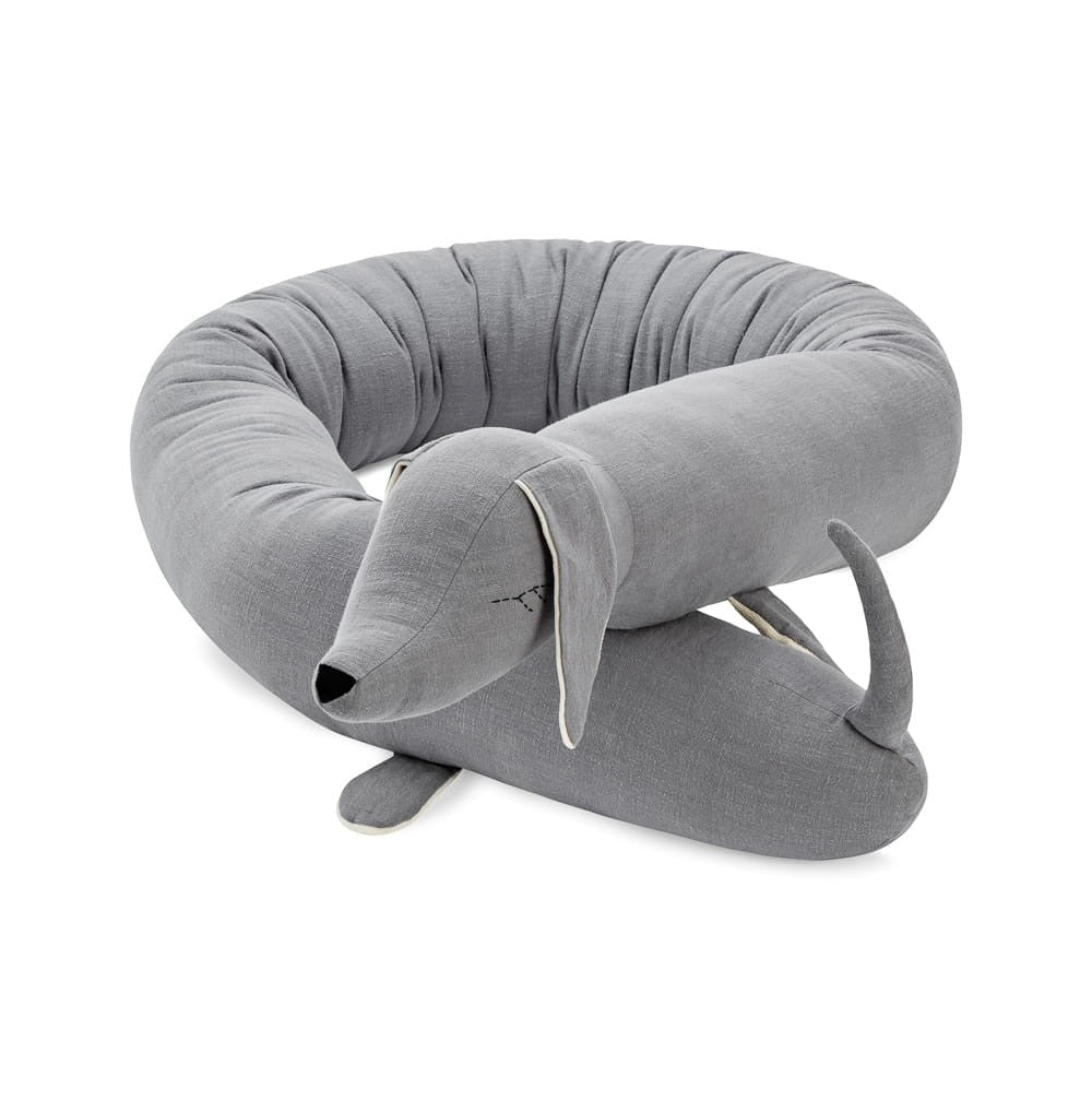 Dachshund Cuddle Pillow & Bed Wall Bumper - Linen & Cotton, 200 cm (Grey) - Tiny Tugz™
