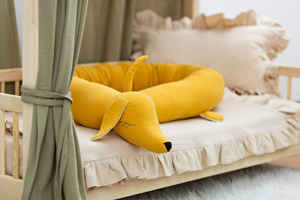 Dachshund Cuddle Pillow & Bed Wall Bumper - Linen & Cotton, 200 cm (Yellow) - Tiny Tugz™