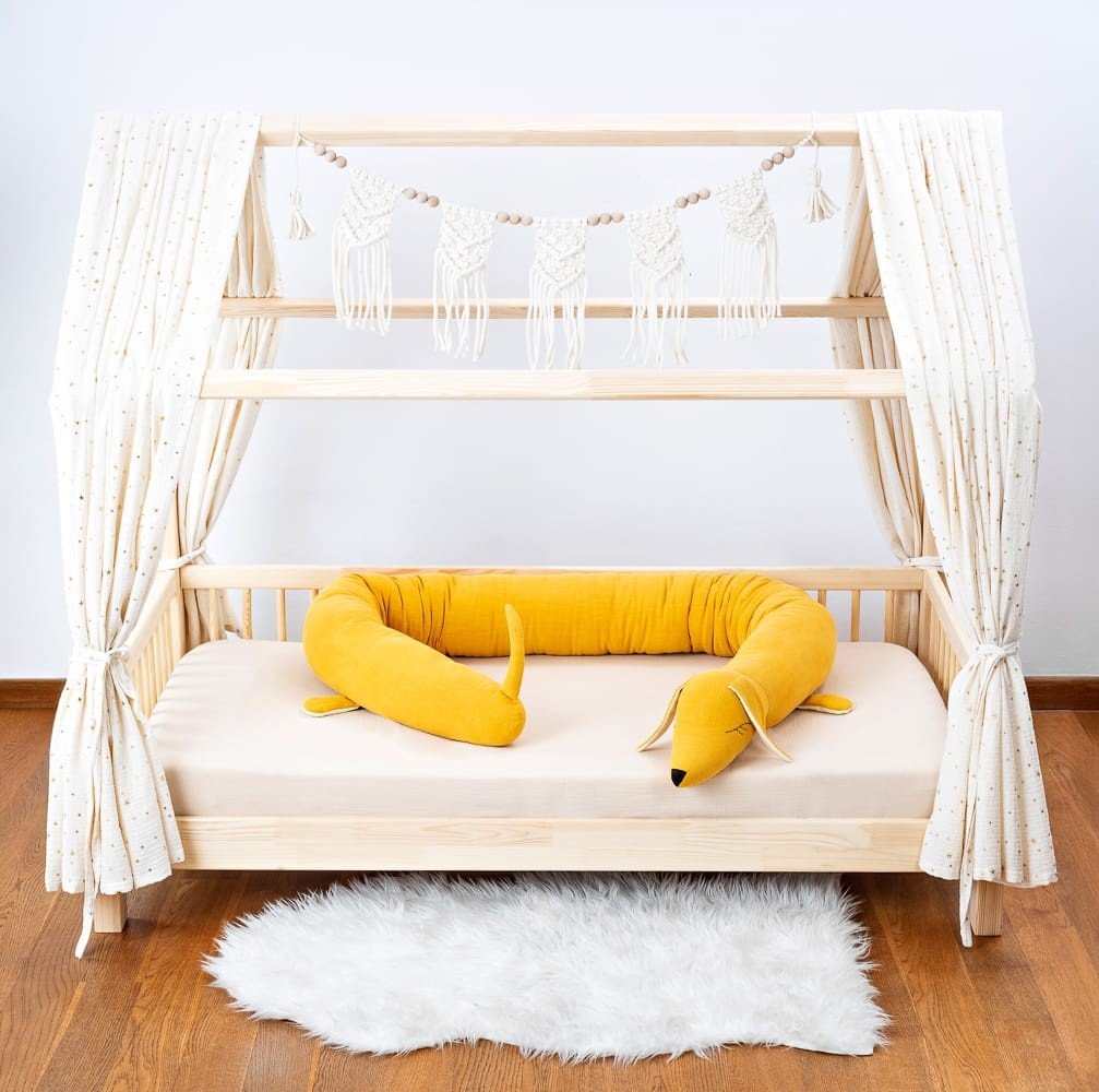 Dachshund Cuddle Pillow & Bed Wall Bumper - Linen & Cotton, 200 cm (Yellow) - Tiny Tugz™