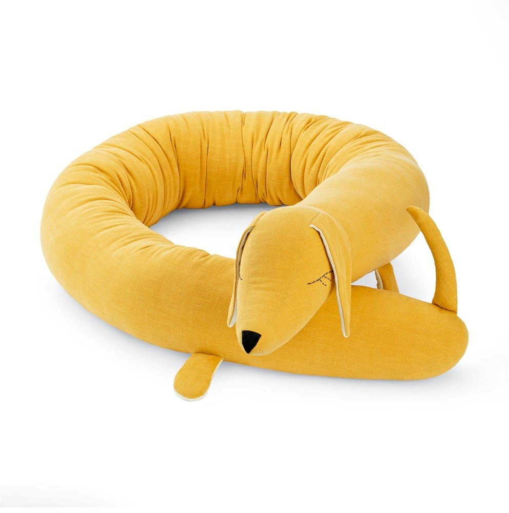 Dachshund Cuddle Pillow & Bed Wall Bumper - Linen & Cotton, 200 cm (Yellow) - Tiny Tugz™