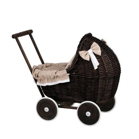 Dark Painted Wicker Doll Pram – Beige Bedding – handwoven Polish wicker pram, made in Poland