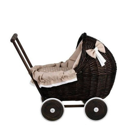 Dark Painted Wicker Doll Pram – Beige Bedding – handwoven Polish wicker pram, made in Poland