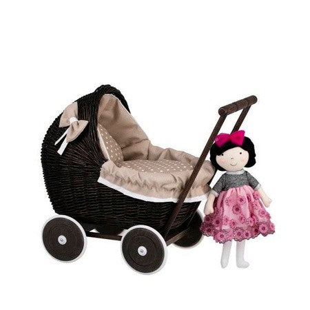Dark Painted Wicker Doll Pram – Beige Bedding – handwoven Polish wicker pram, made in Poland