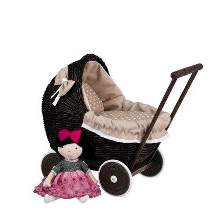 Dark Painted Wicker Doll Pram – Beige Bedding – handwoven Polish wicker pram, made in Poland