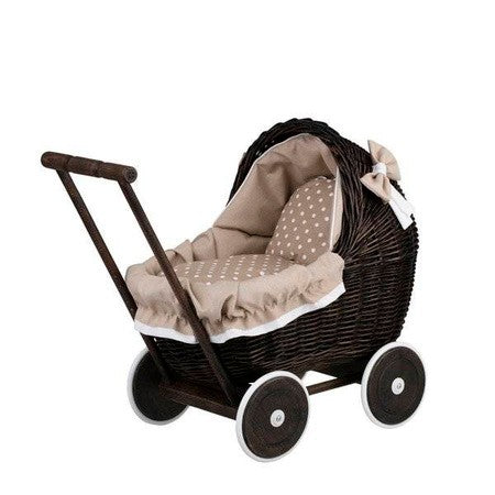 Dark Painted Wicker Doll Pram – Beige Bedding – handwoven Polish wicker pram, made in Poland
