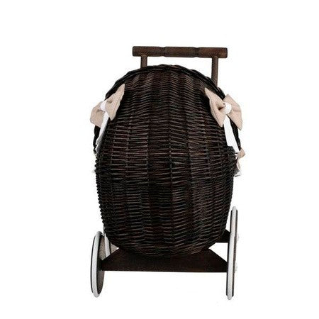 Dark Painted Wicker Doll Pram – Beige Bedding – handwoven Polish wicker pram, made in Poland