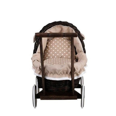 Dark Painted Wicker Doll Pram – Beige Bedding – handwoven Polish wicker pram, made in Poland