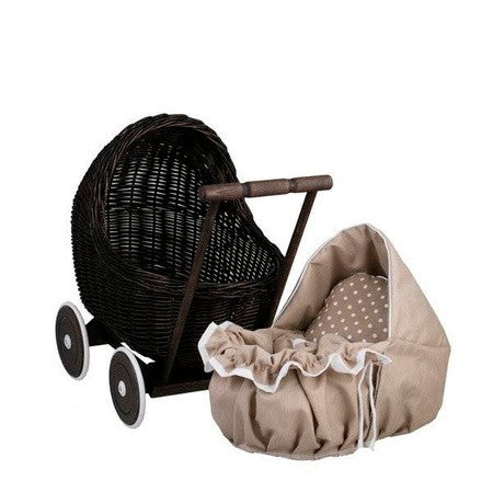 Dark Painted Wicker Doll Pram – Beige Bedding – handwoven Polish wicker pram, made in Poland