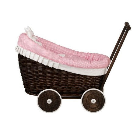 Dark Painted Wicker Doll Pram Luna – Pink Bedding – handwoven Polish wicker trailer, made in Poland