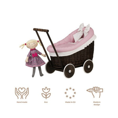 Dark Painted Wicker Doll Pram Luna – Pink Bedding – handwoven Polish wicker trailer, made in Poland