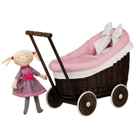 Dark Painted Wicker Doll Pram Luna – Pink Bedding – handwoven Polish wicker trailer, made in Poland