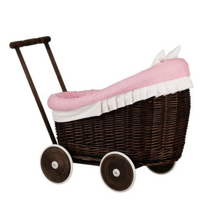 Dark Painted Wicker Doll Pram Luna – Pink Bedding – handwoven Polish wicker trailer, made in Poland