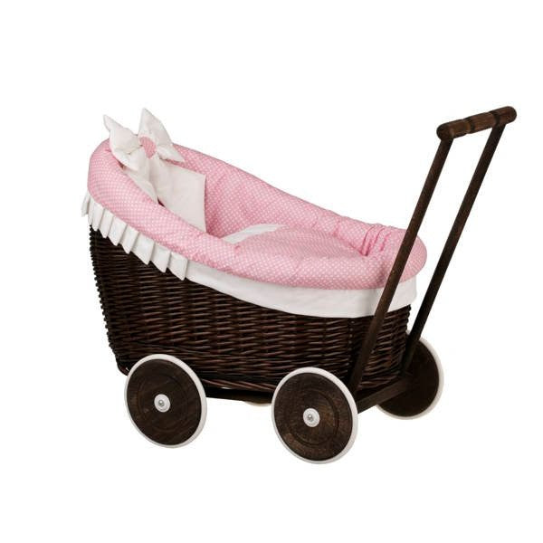 Dark Painted Wicker Doll Pram Luna – Pink Bedding – handwoven Polish wicker trailer, made in Poland