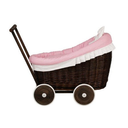 Dark Painted Wicker Doll Pram Luna – Pink Bedding – handwoven Polish wicker trailer, made in Poland