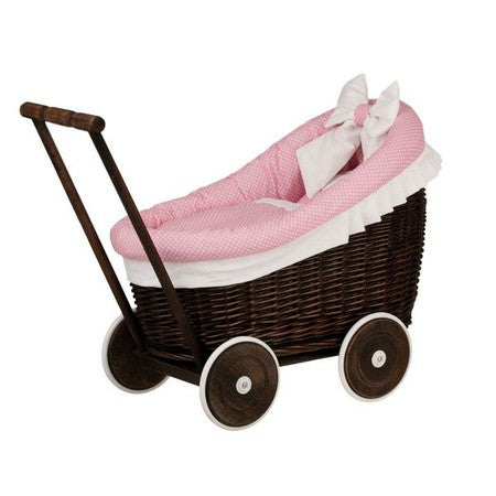 Dark Painted Wicker Doll Pram Luna – Pink Bedding – handwoven Polish wicker trailer, made in Poland
