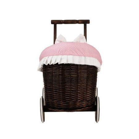 Dark Painted Wicker Doll Pram Luna – Pink Bedding – handwoven Polish wicker trailer, made in Poland