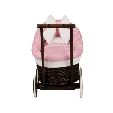 Dark Painted Wicker Doll Pram Luna – Pink Bedding – handwoven Polish wicker trailer, made in Poland