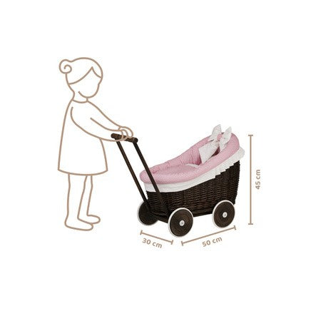 Dark Painted Wicker Doll Pram Luna – Pink Bedding – handwoven Polish wicker trailer, made in Poland