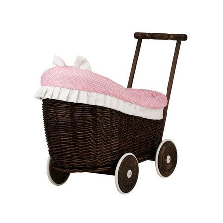 Dark Painted Wicker Doll Pram Luna – Pink Bedding – handwoven Polish wicker trailer, made in Poland