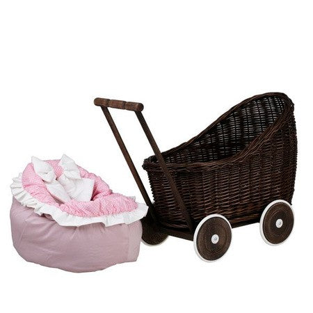 Dark Painted Wicker Doll Pram Luna – Pink Bedding – handwoven Polish wicker trailer, made in Poland