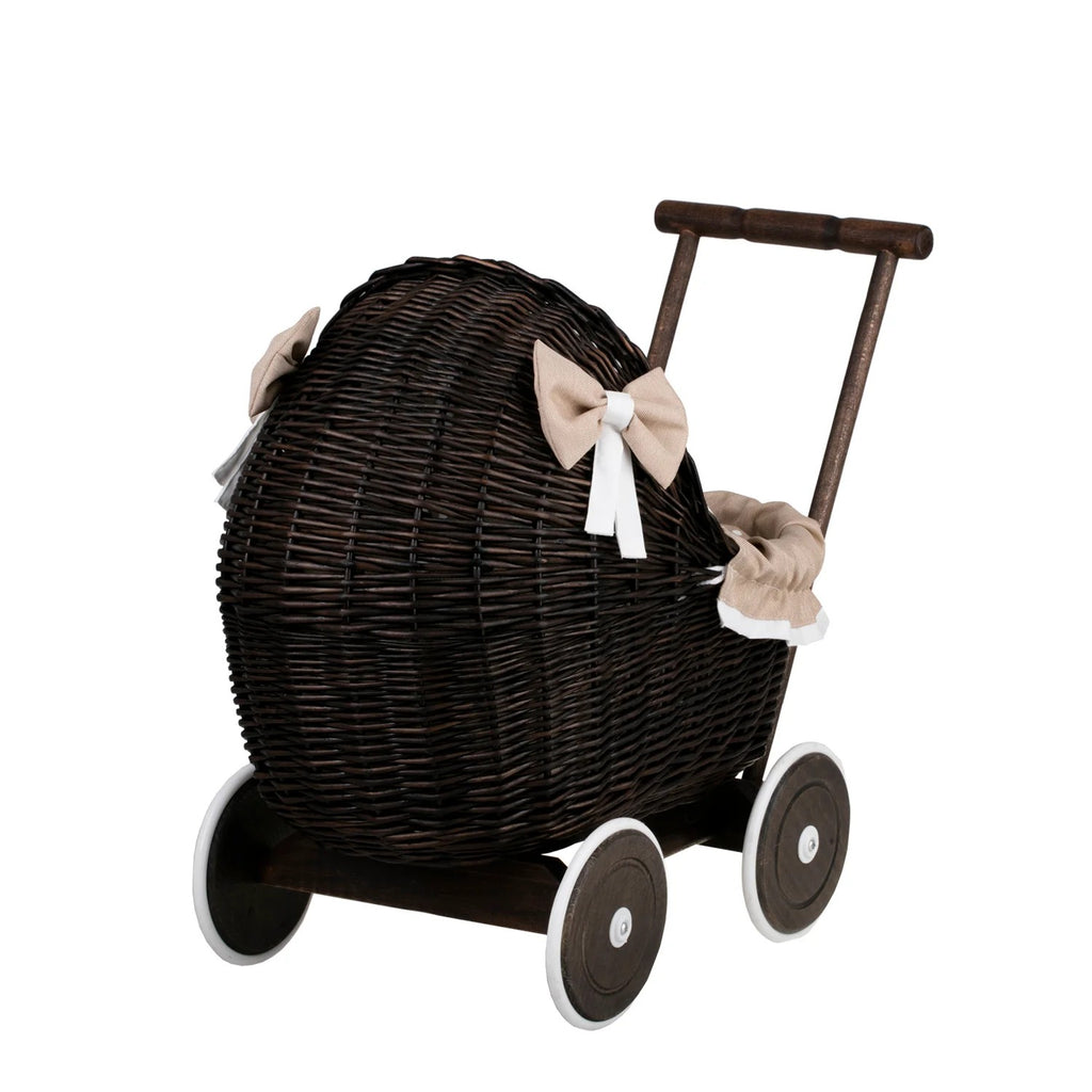 Dark Wicker Doll Pram Lili – Beige Bedding – handwoven Polish wicker pram, made in Poland