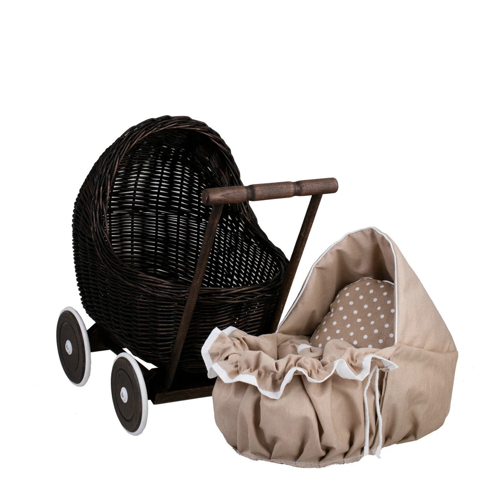 Dark Wicker Doll Pram Lili – Beige Bedding – handwoven Polish wicker pram, made in Poland