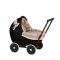 Dark Wicker Doll Pram Lili – Beige Bedding – handwoven Polish wicker pram, made in Poland
