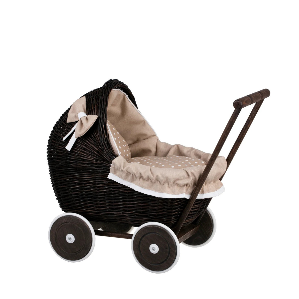 Dark Wicker Doll Pram Lili – Beige Bedding – handwoven Polish wicker pram, made in Poland